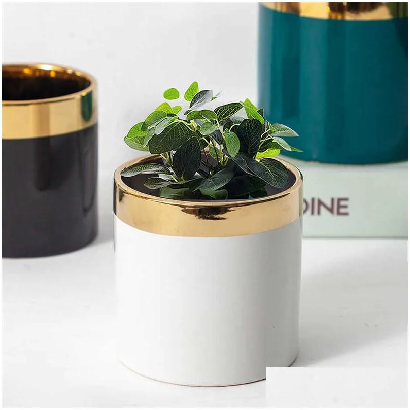 planters pots modern simple indoor flowerpot straight tube nordic cylindrical ceramics light luxury golden flowers green roses potted