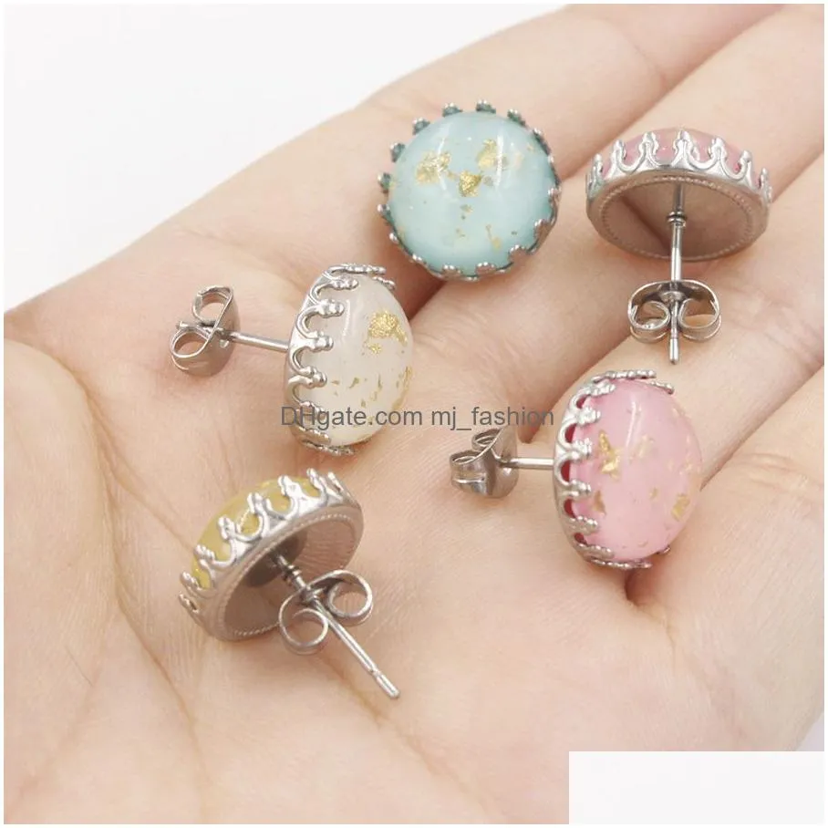 fashion 12mm stainless steel druzy drusy resin opal crown earrings handmade stud for women jewelry