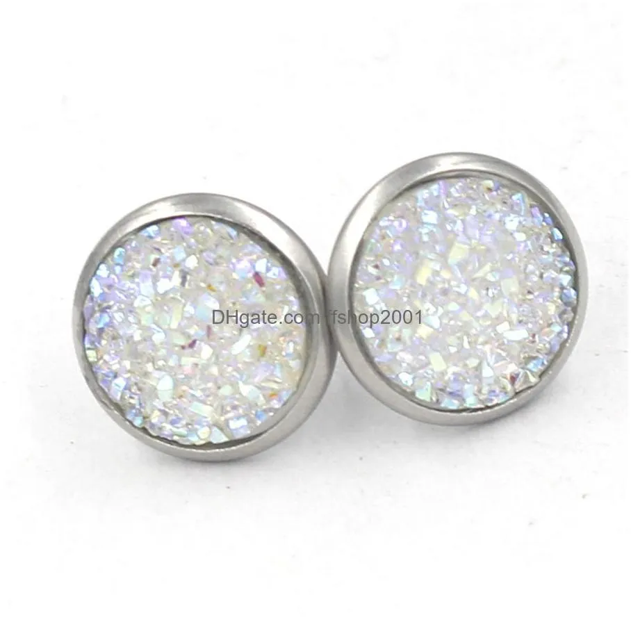 fashion 12colors round 12mm resin druzy drusy earrings stainless steel earrings handmade stud for women jewelry