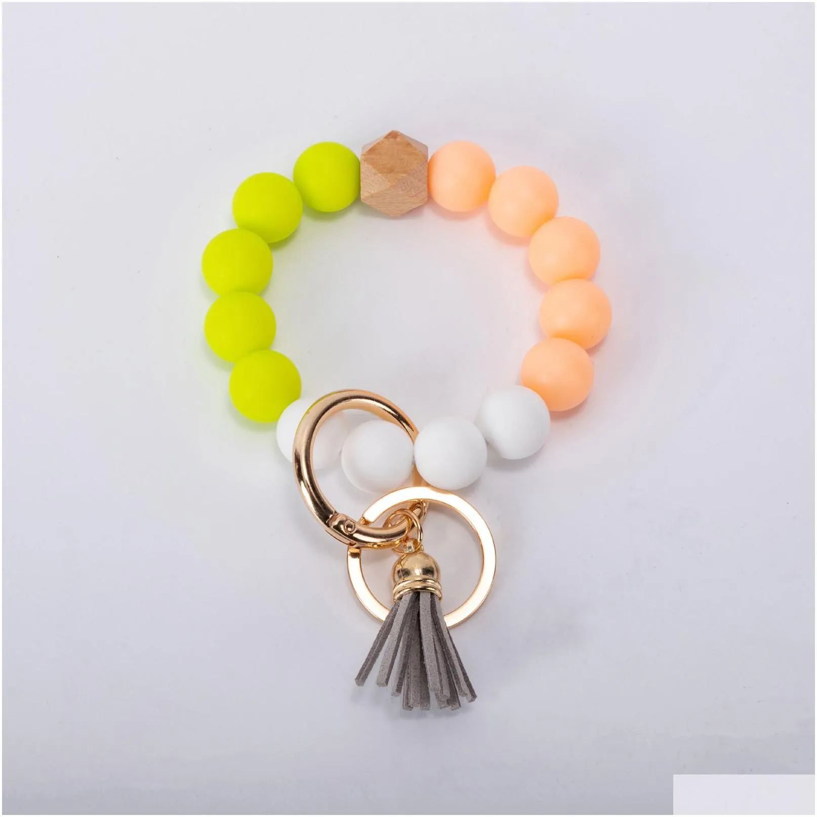 party supplies tassels wood bead keychain silicone beads bracelet leather key ring food grade silicon wrist keychains pendant