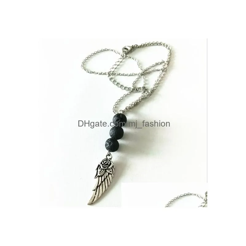 fashion silver plated angel wings lava stone necklace volcanic rock aromatherapy essential oil diffuser necklace for women jewelry