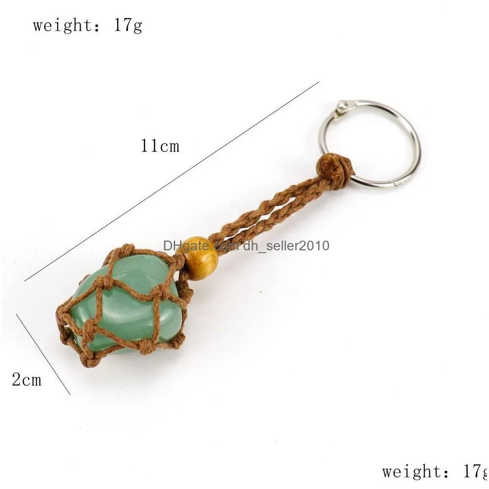 natural stone brown wax rope keychain keyring amethyst rose quartz crystal healing stone net bag key ring