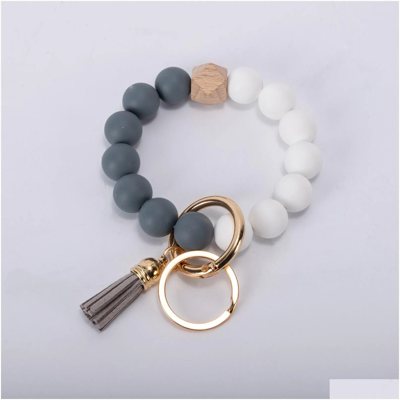 party supplies tassels wood bead keychain silicone beads bracelet leather key ring food grade silicon wrist keychains pendant