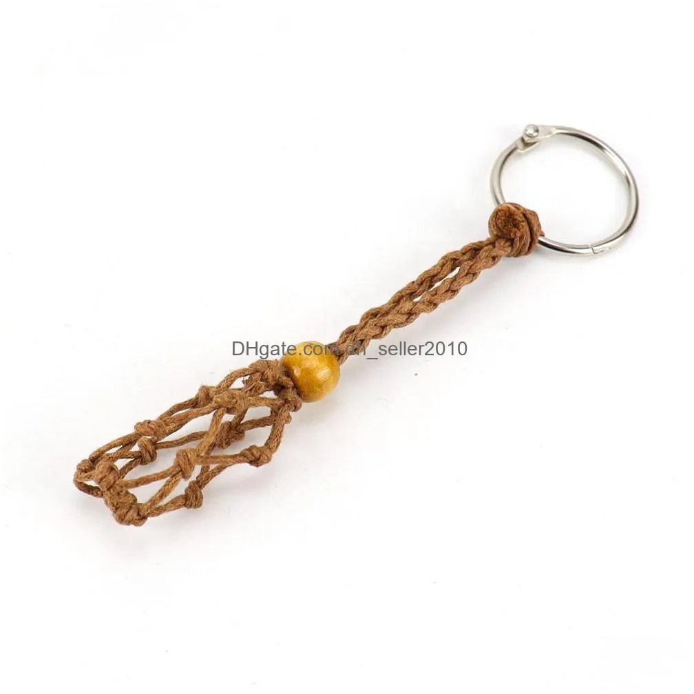 adjustable keyring cord empty stone holder wax rope diy keychain natural quartz crystal chakra healing stone net bag pendant