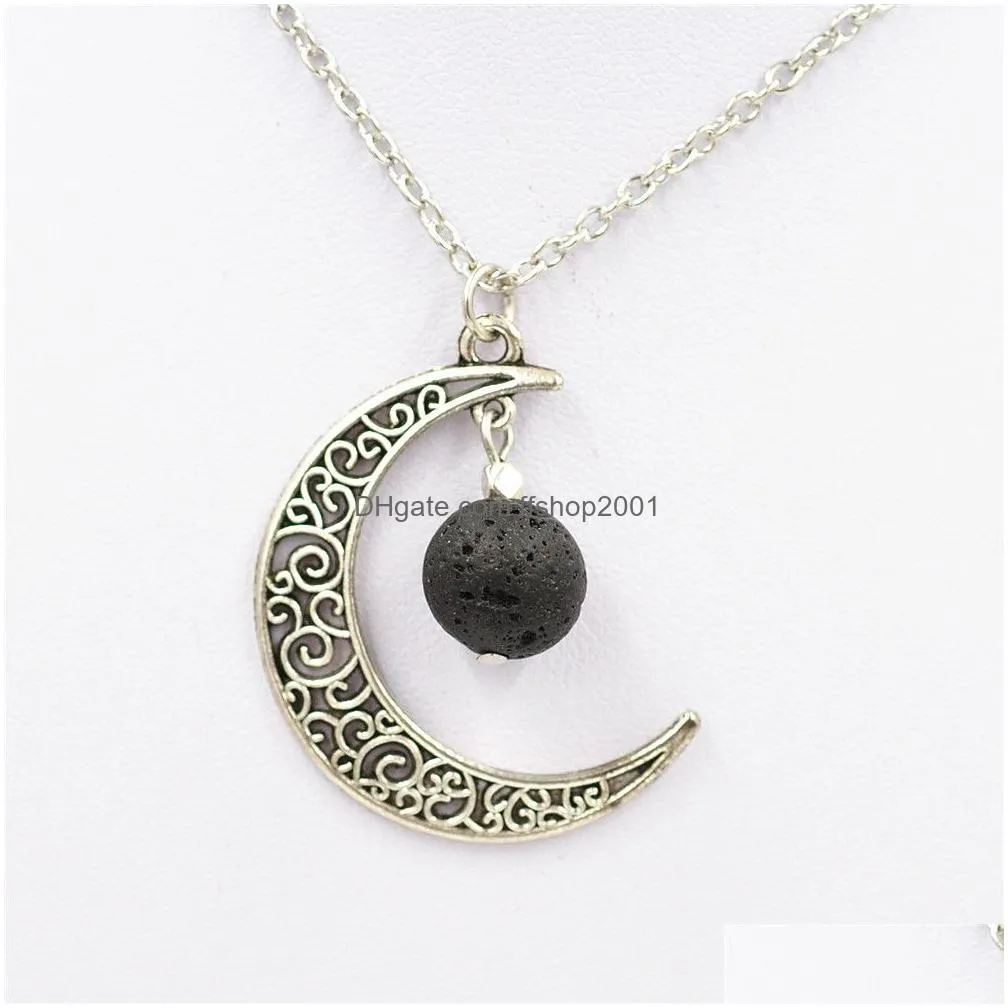 fashion 14mm lava stone moon necklace volcanic rock aromatherapy essential oil diffuser necklace for women jewelry