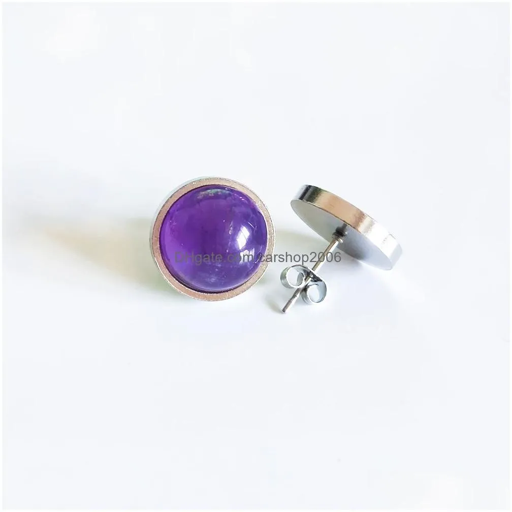 8mm 10mm 12mm natural stone stainless steel ear stud tiger eye opal amethyst rose quartz earrings for women girl jewelry