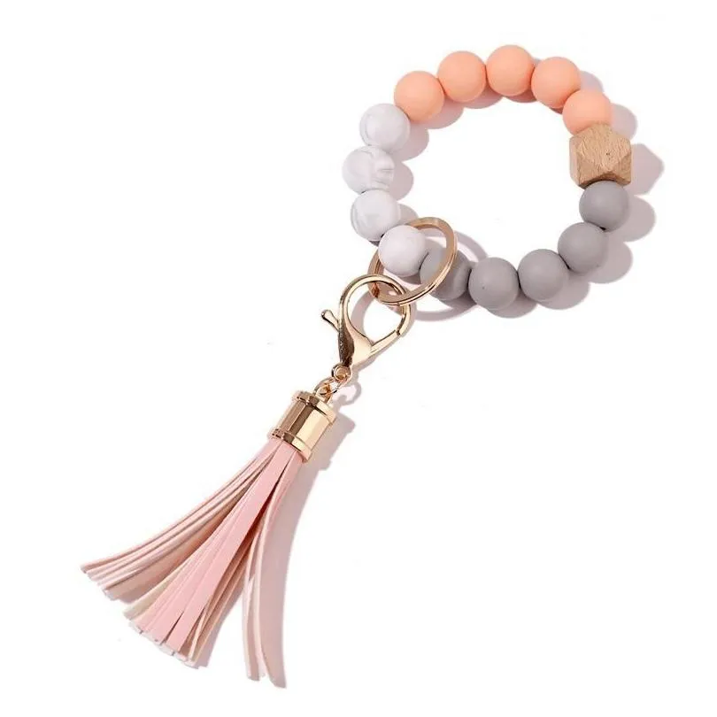 party silicone wooden beads keychain suede tassel bracelet keyring anti-lost bangle key ring for home wood beaded crafts car decoration pendant