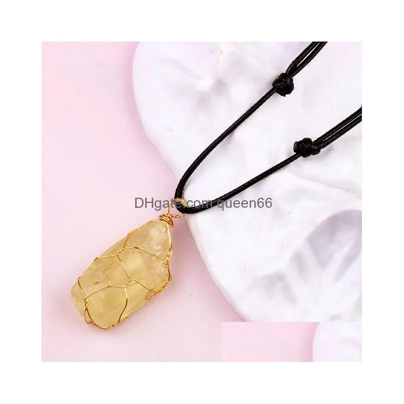 natural raw stone necklace amethyst rose quartz fluorite citrine crystal pendant woven adjustable necklaces men women jewelry gift