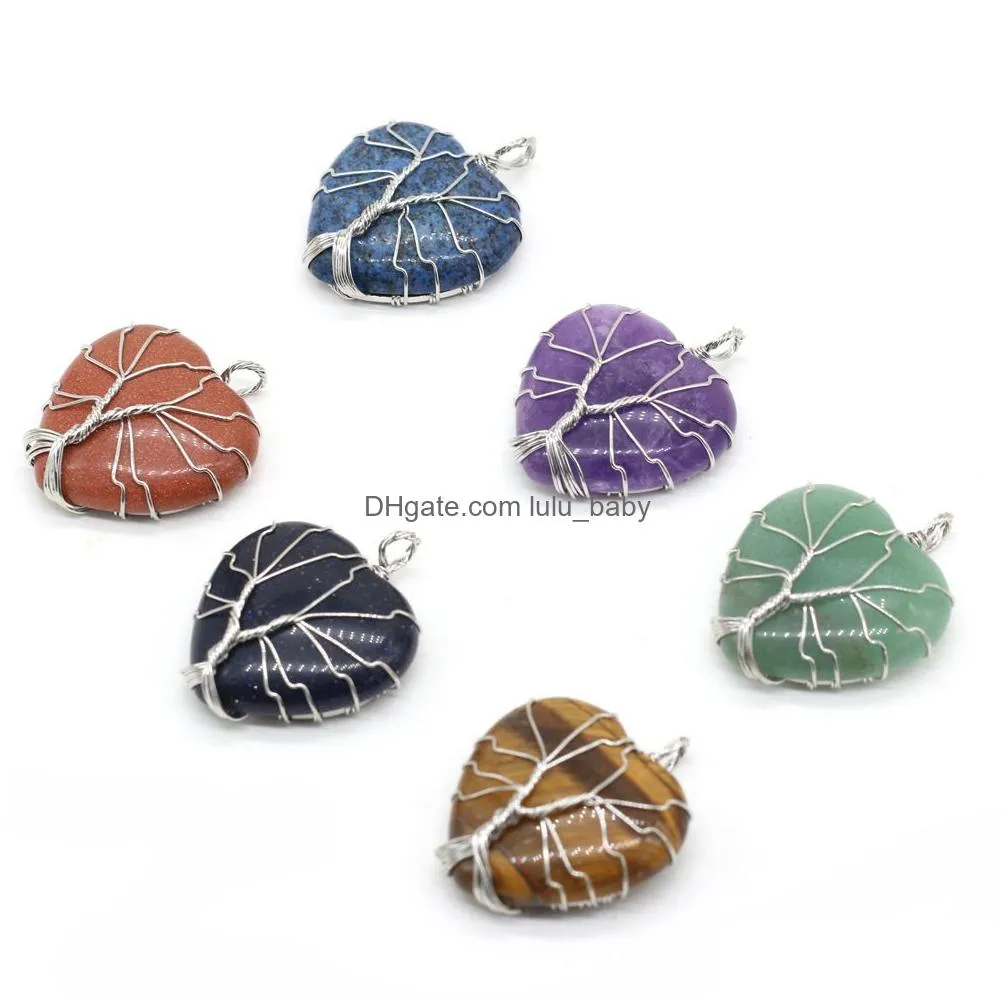 30x38mm natural stone rose quartz tigers eye amethyst opal tree of life heart pendant charms diy necklace jewelry making