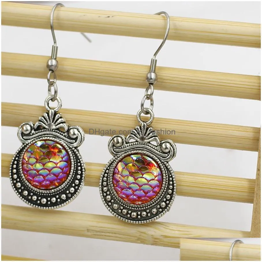 12colors metal 12mm fish scale earrings bright druzy mermaid scale cabochon hook earrings for women jewelry