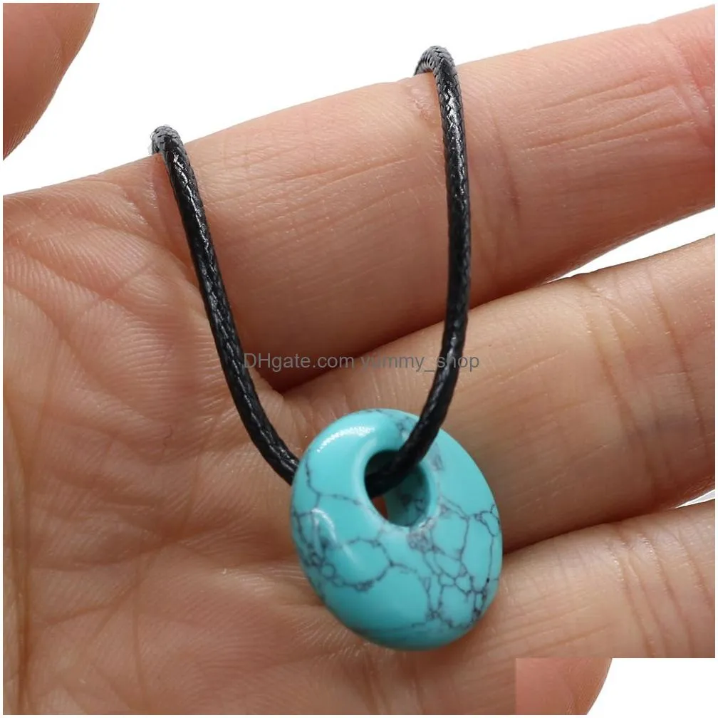 natural stone 18mm peace buckle tiger eye stone turquoise opal quartz crystal pendant necklaces for women reiki heal crystal pendulum charms leather rope