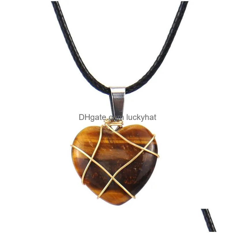 wire wrap heart pendant necklaces reiki healing crystal tiger eye amethyst aventurines chakra necklace for women jewelry