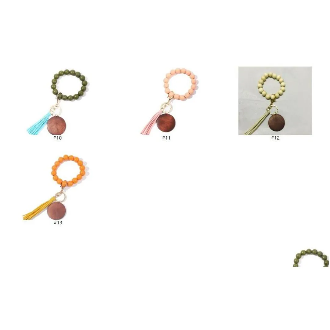 11 colors wooden bracelet keychain with tassels keys diy wood fiber pandent woodwooden bead bangle key decorate fashion
