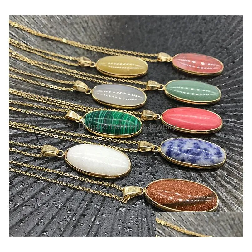 natural stone tiger eye stoneturquoise opal pink crystal oval pendant necklaces for women reiki heal crystal pendulum charms necklace