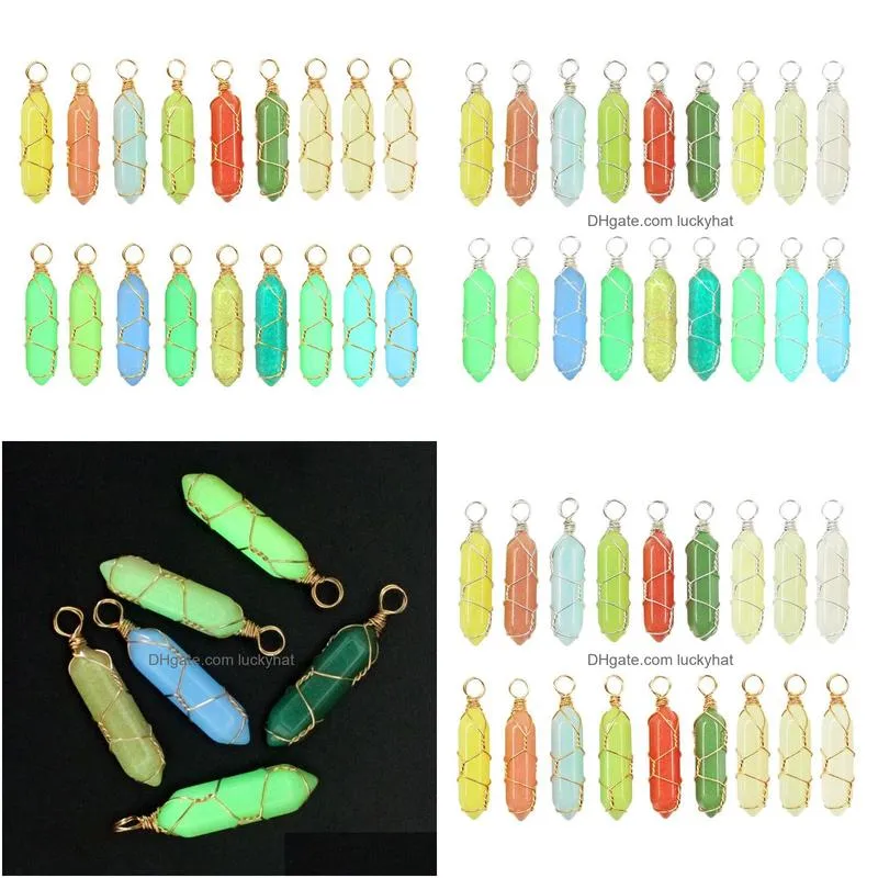 luminous stone charms wire wrap hexagonal prism glass crystal glow light in the dark pendant for jewelry making necklace accessories