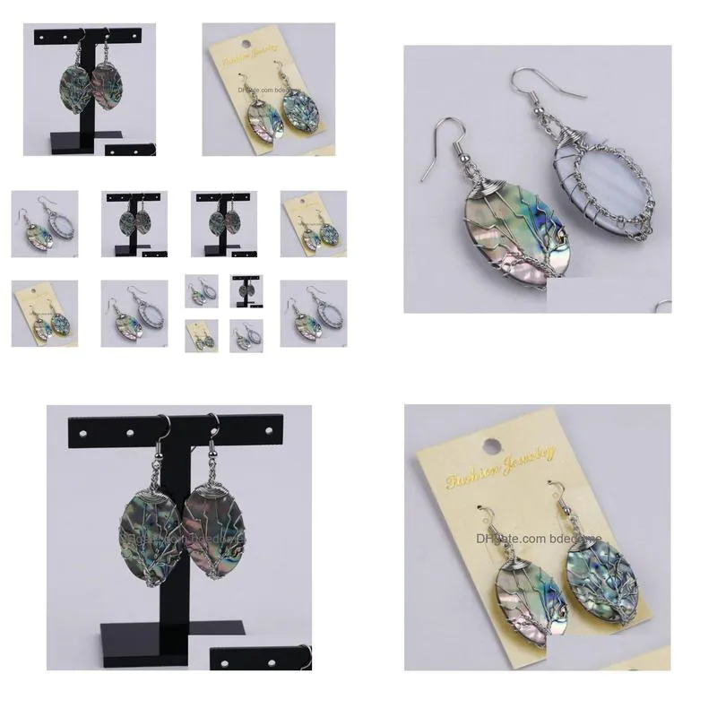 tree of life earring dangle silvery wire wrapped oval abalone paua shell organic cabochon 5 pairs