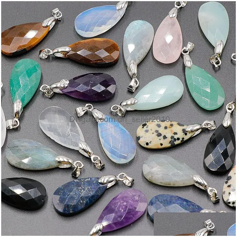 natural stone water drop necklace amethyst lapis tigers eye opal crystal chakra reiki healing pendulum necklace