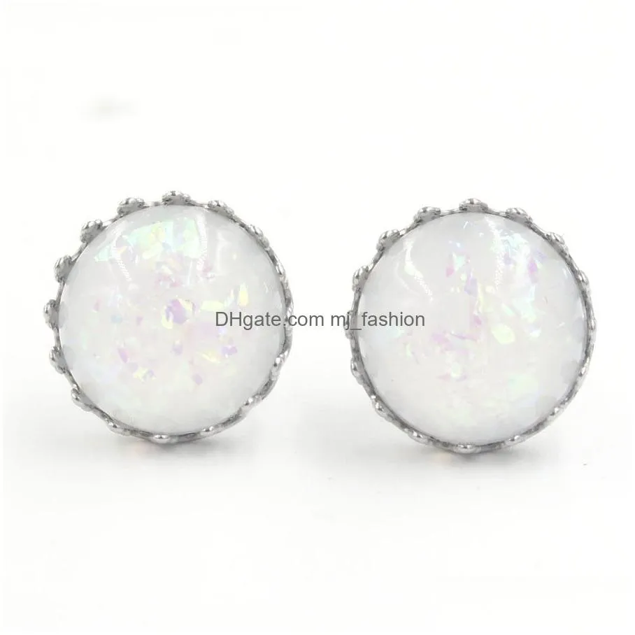 fashion 12mm stainless steel druzy drusy resin opal crown earrings handmade stud for women jewelry