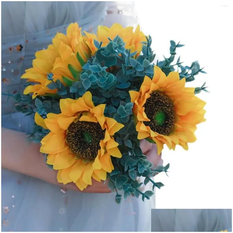 decorative flowers 30cm bouquet artificial sunflower wedding decoration eucalyptus bridal home accessories