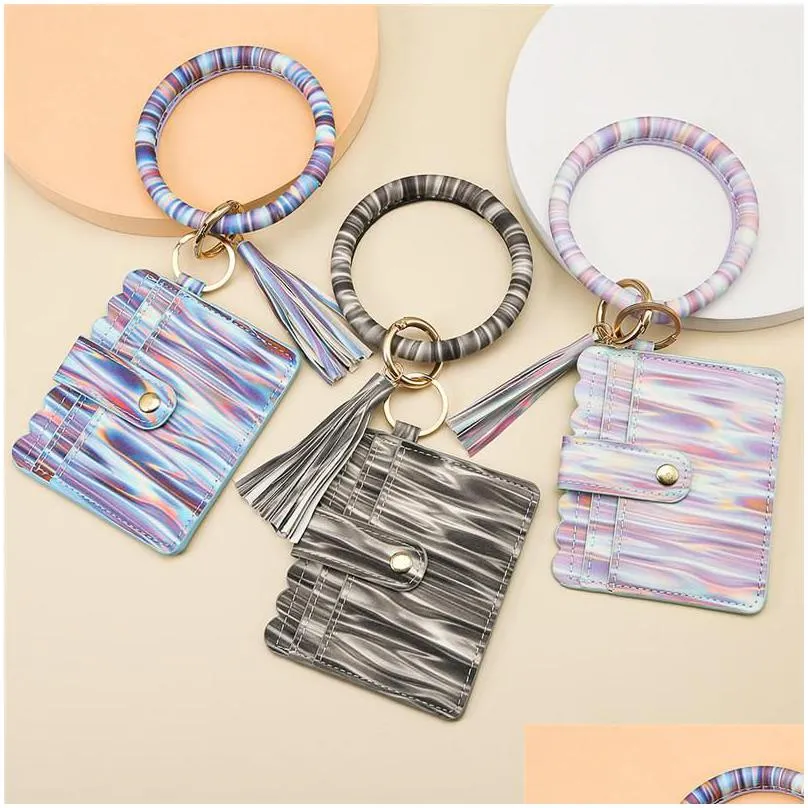 jewelry pu leather card bag keychains party bracelet keychain wallet with tassels string bangle key ring holder wristlet handbag