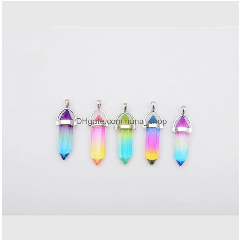 natural glass multicolored hexagonal column healing crystal chakra stone necklace for women jewelry