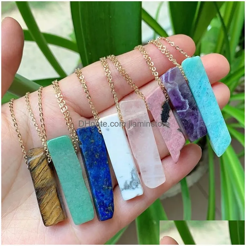 natural stone pendant necklace irregular rectangle quartz pendulum healing point amethysts lapis pink crystal necklace for women