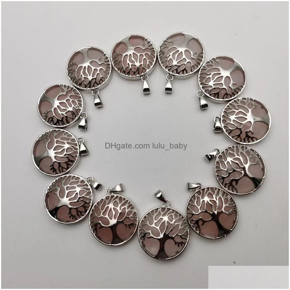 natural stone alloy tree of life rose quartzs necklace pendant for jewelry making charm pendulum accessories wholesale