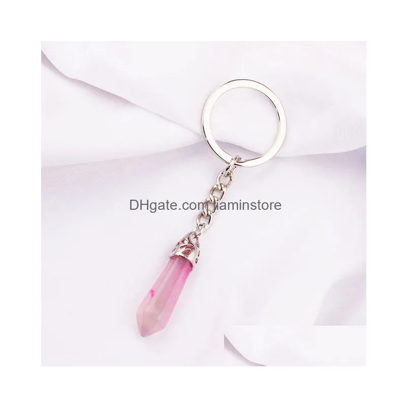 natural stone hexagon prism crystal quartzs key rings keychain women men handbag hangle car key holder keyring jewelry