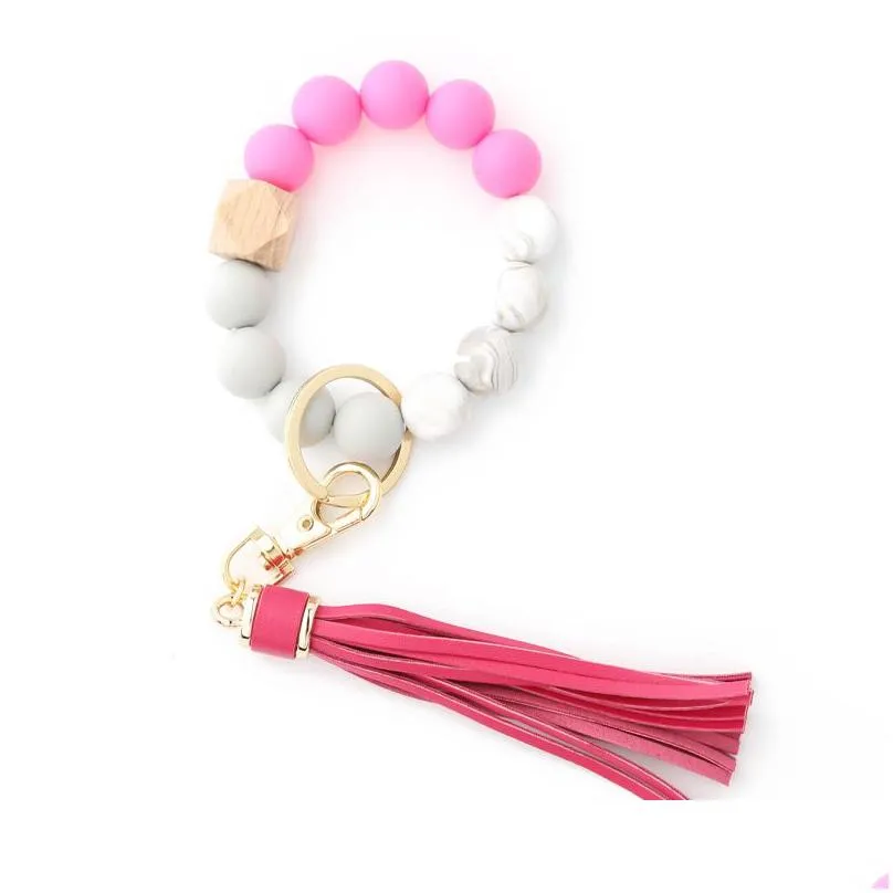 silicone keychain for keys tassel wood beads bracelet keyring women accessories multicolor handbag pendant jewelry wholesale