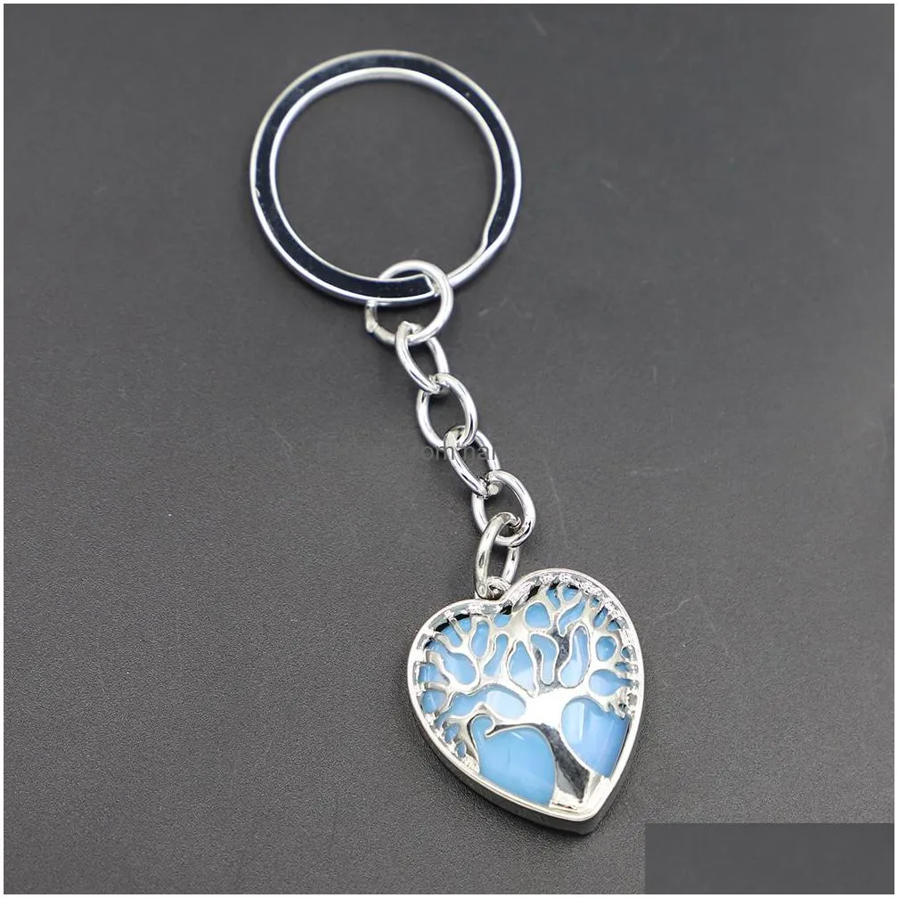 natural stone heart shaped original keychain tree of life lucky key ring car decor bag keyring reiki fashion accessories