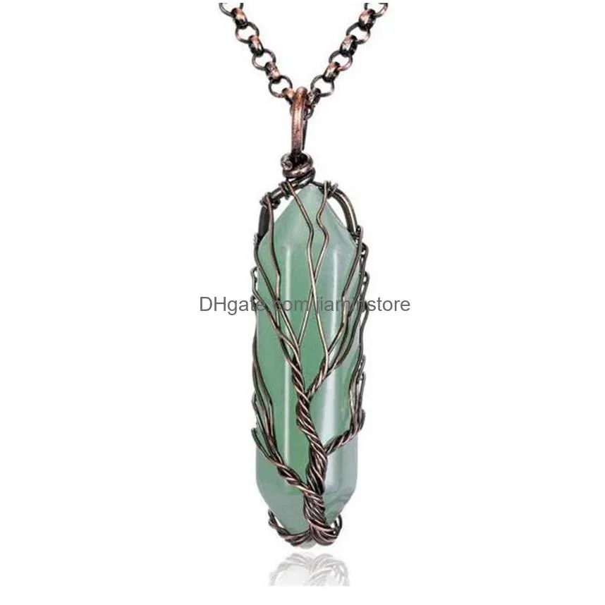 handmade copper wire wrapped tree of life necklace natural reiki healing crystal pillar pendant gem stones necklace jewelry