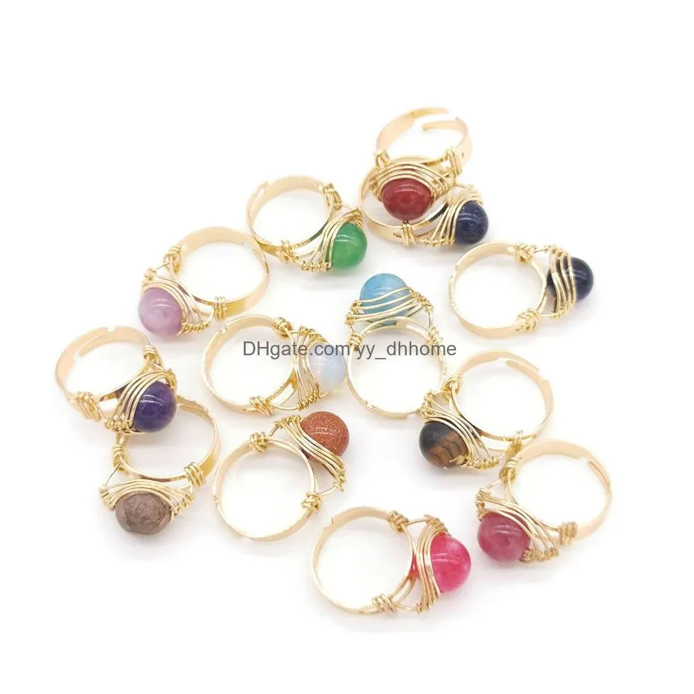 hand craft bead wire wrapped stone finger rings reiki healing natural amethysts agates rose quartz opal rings party wedding jewelry