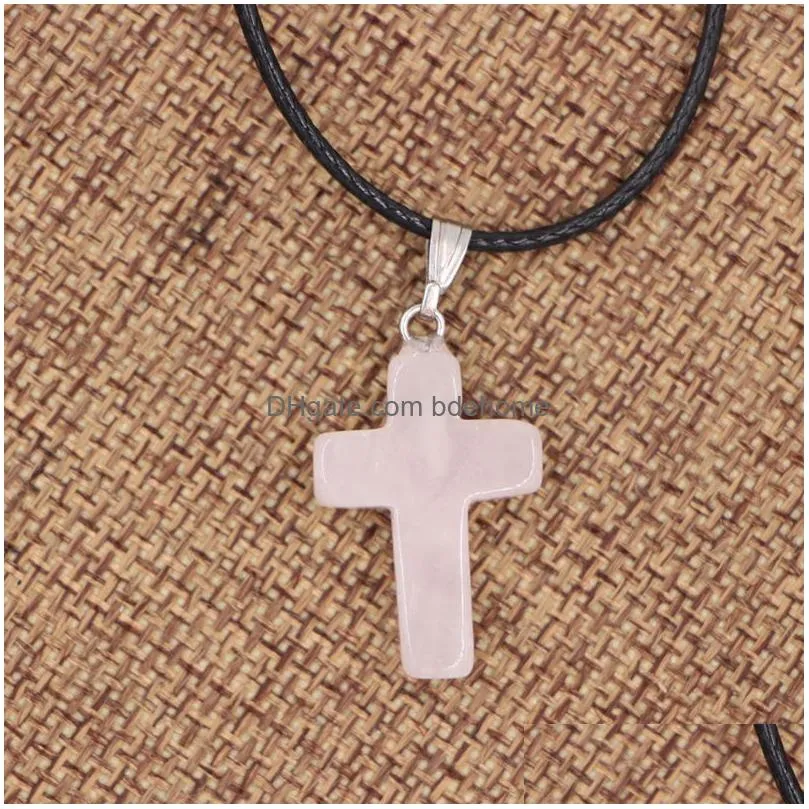 fashion opal turquoise natural stone druzy cross necklaces jewelry with leather chain necklace