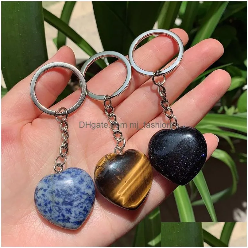 natural stone crystal keychain handbag dangle holder big heart pendulum amulet real agates tiger eye opal pink quartz key chain