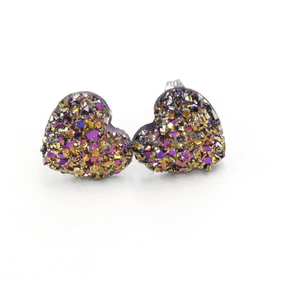 fashion heart 12mm resin druzy drusy earrings stainless steel earrings handmade stud for women jewelry
