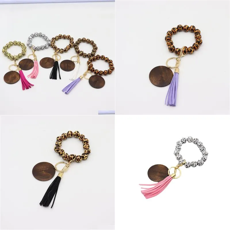 5 styles leopard wooden bracelet keychain with tassels diy woodwooden fiber pandent wood bead bangle key decorate fashion