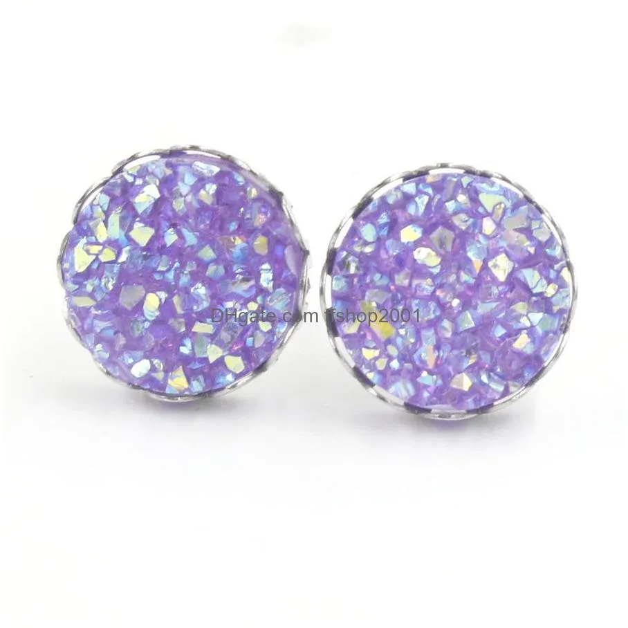 fashion round resin 12mm stainless steel druzy drusy crown earrings handmade stud for women jewelry