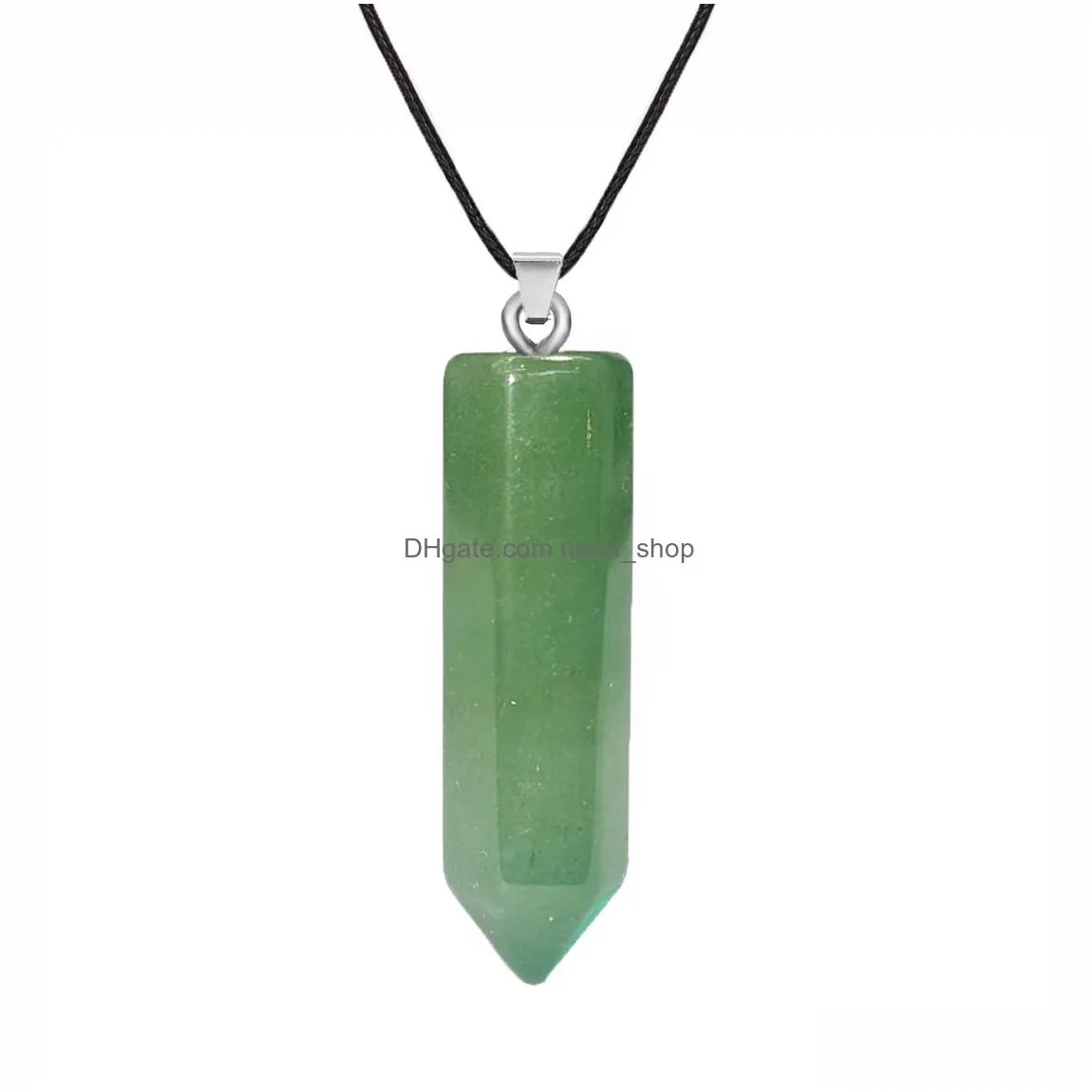 natural stone pillar pendant necklace pink crystal hexagonal opal amthyst charms pu chain necklaces for women jewelry