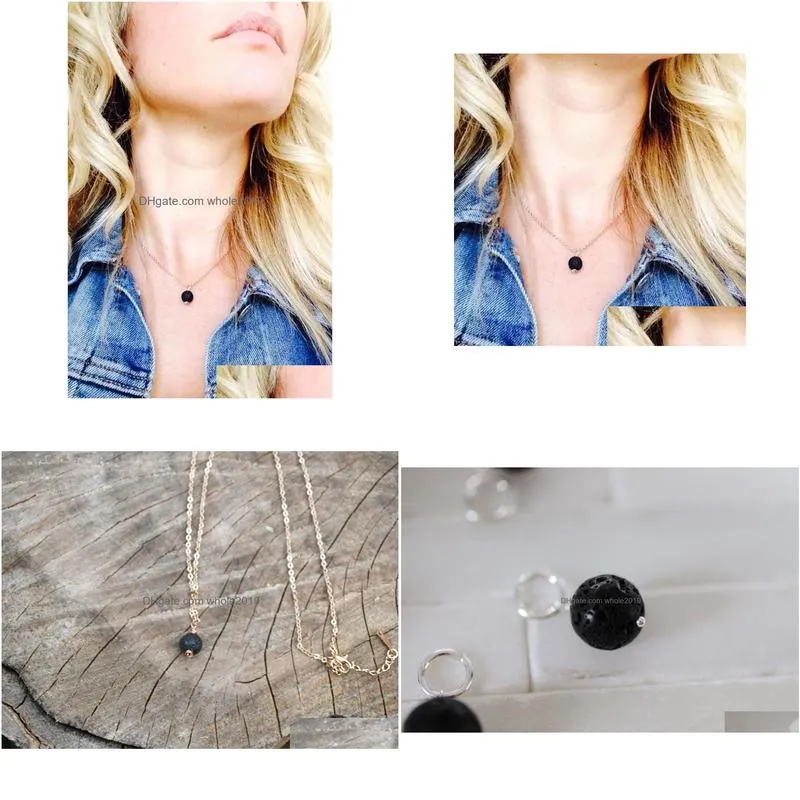 fashion silver gold color round natural black lava stone necklace aromatherapy essential oil diffuser necklace for women jewelry