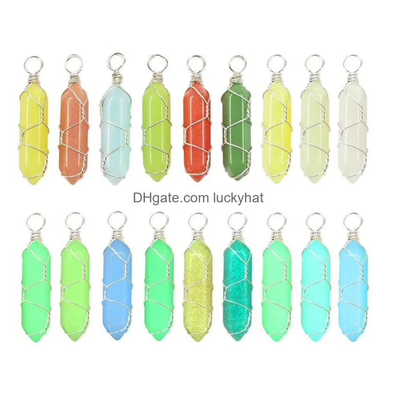 luminous stone charms wire wrap hexagonal prism glass crystal glow light in the dark pendant for jewelry making necklace accessories
