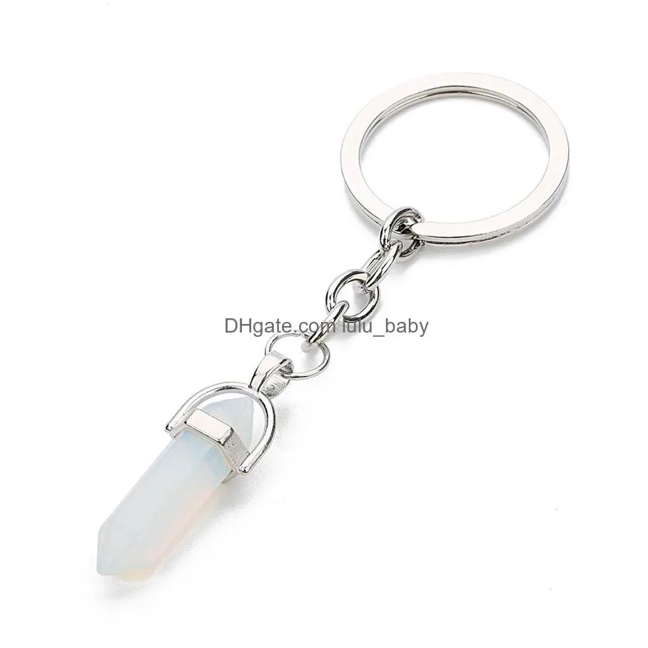 natural stone key ring healing hexagonal pointed reiki chakra gem stone crystal pendant keychain for women girls