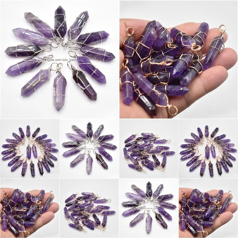 natural amethysts stone pillar shape point handmade iron wire pendants for necklace earrings jewelry making