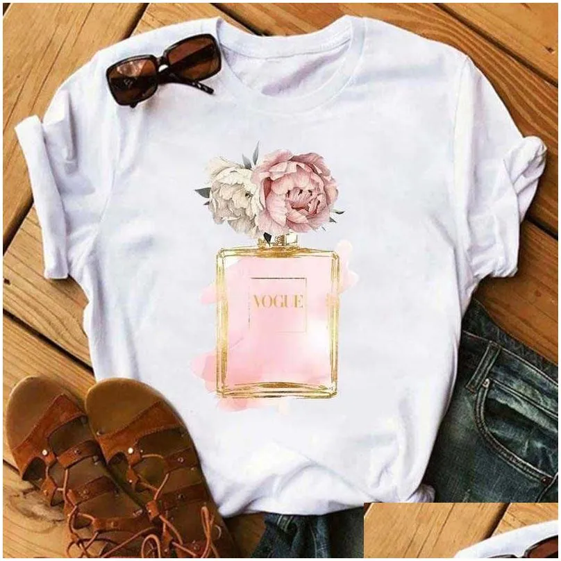 women clothes print flower perfume bottle sweet short sleeve tshirt printed women shirt t female t-shirt top casual woman tee x0527