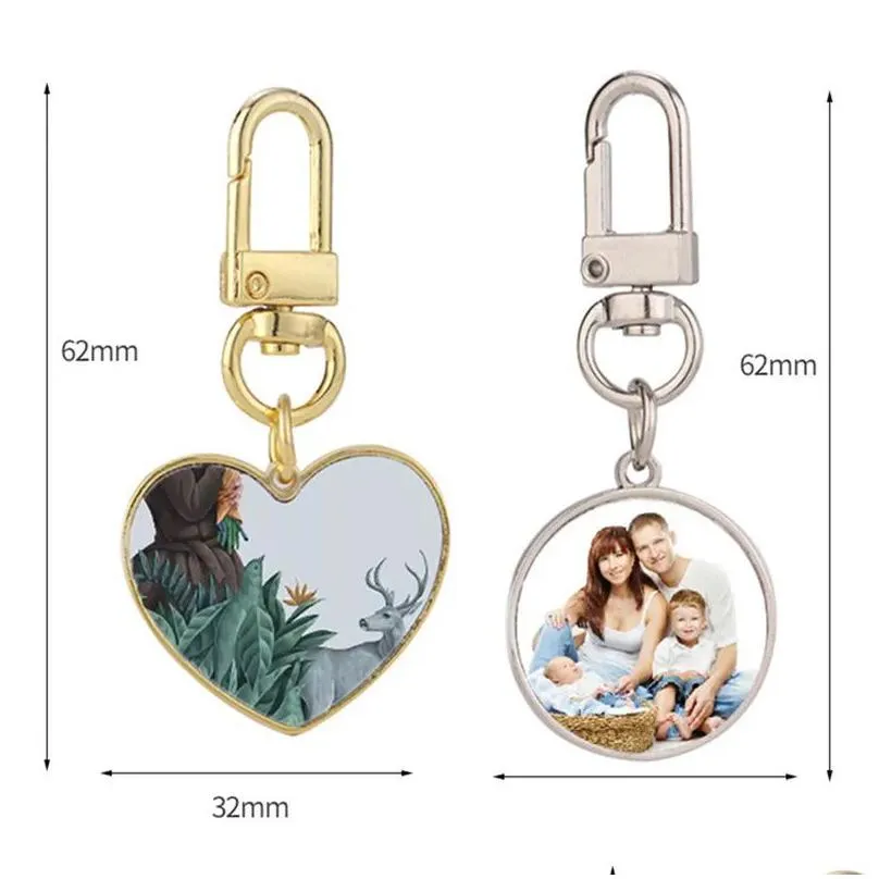 ups thermal transter diy sublimation blank heart party favor round keychains gold keychain photo frame keyring silver plated alloy car key