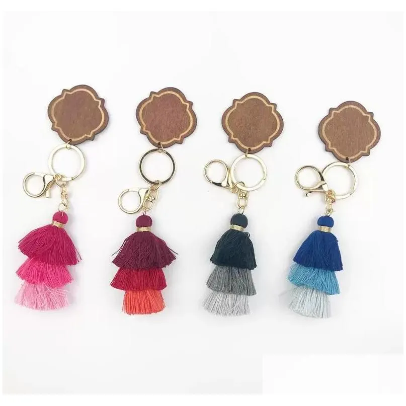 personalized wooden keychain party favor three-layer cotton tassel and chip pendant key ring multicolor wht0228