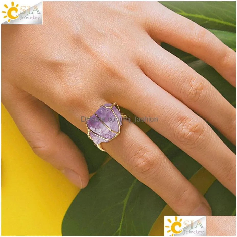 natural crystal stone rings irregular wire wrap women men healing amethysts fluorite pink quartz gold-color resizable quartz ring