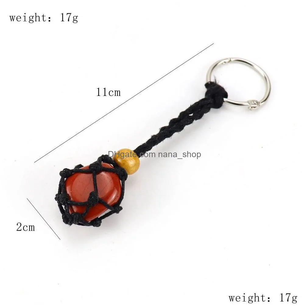 adjustable cord empty stone holder black wax rope keychain keyring natural quartz crystal healing stone net bag key ring