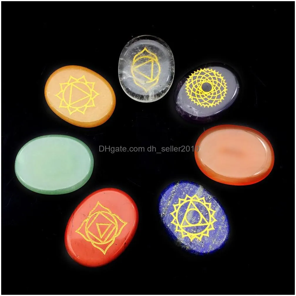 7pcs chakra stones cats eye reiki healing crystal with engraved chakra symbols holistic balancing polished palm natural stones healing