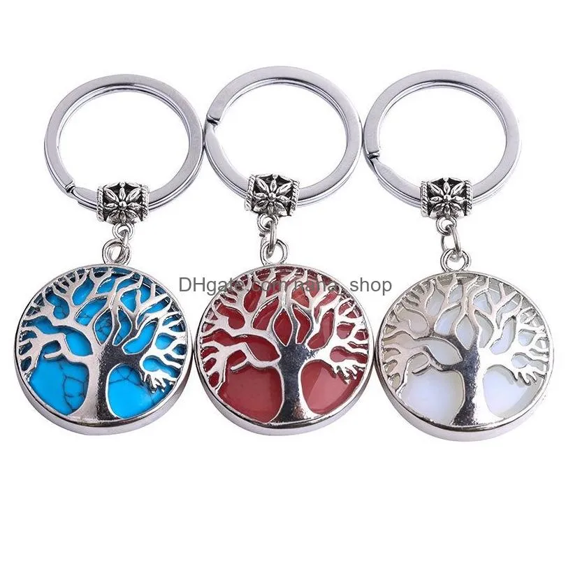 natural stone pink quartz opal aventurine gem tree of life key ring keychain healing amethyst crystal key chain jewelry