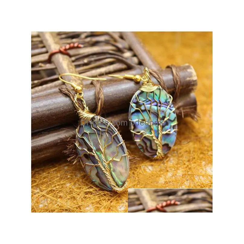 golend wire wrapped tree of life dangle earrings with oval abalone paua shell 5 pairs
